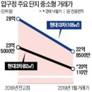 서울 아파트값 1년전 가격으로 하락 향후 집값 전망-강남 압구정동 아파트 5억원 대치동 은마아파트 3억원 급락, 중소형 아파트 대형 대비 더 하락 이미지