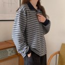겨을 루즈핏 배색 선데이 <b>어썸</b> 기모 스트라이프 단가라 카라 맨투맨 <b>티</b>셔츠