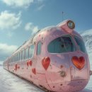 얼어붙은 세상을 여행하는 분홍색 기차 이미지