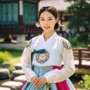 푸른 정원 속 한복의 맑고 우아한 자태 이미지