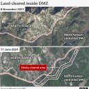 북한에서 비무장지대에 건설하고 있는 국경 장벽 위성 사진 이미지