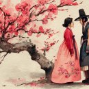 한복 커플 일러스트. 매화 이미지