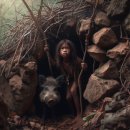 무인도의디바에서 멧돼지와 싸우는 목하를 그려줘 이미지