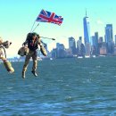 영국 왕립 해군은 뉴욕시 항구 주변에서 제트 슈트를 입은 병사들을 비행합니다. 이미지