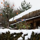 충남 아산 여행 돌담 기와지붕 초가지붕 위에 하얀 눈이 쌓인 설경 아산 외암리 민속마을 아산농촌관광 이미지