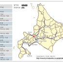 홋카이도 전지역 기차 및 자동차 거리 및 시간 지도 이미지